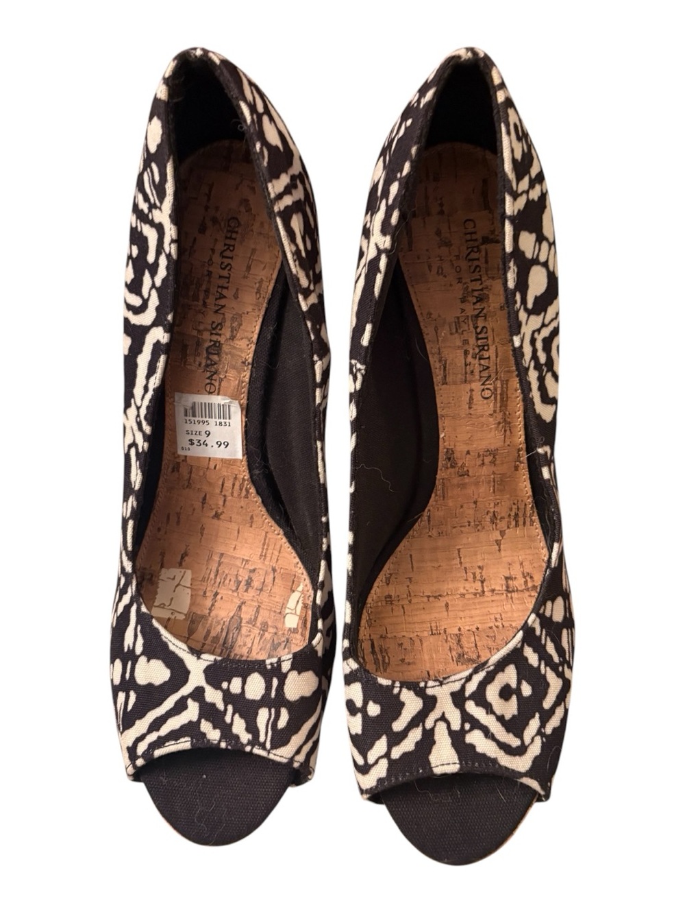 Christian Siriano Black and Cream Peep-Toe Patterned Wedges
